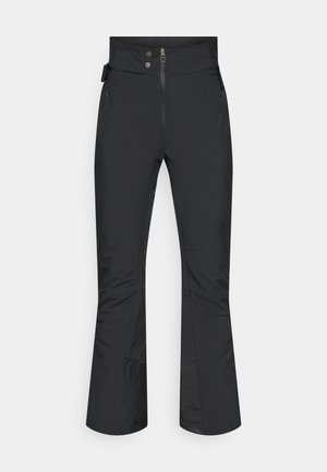 Black ski pants with a high waist, zipper closure, two front pockets, wide flared legs, and mesh accents at the hem.