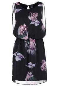 Robe florale noire avec imprimés de fleurs violettes et roses, design sans manches, taille élastique, et un détail dos en forme de trou de serrure, réalisée en tissu léger.