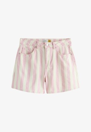 High-waist A-line shorts with vertical pink and white stripes, front button closure, belt loops, and five-pocket design.