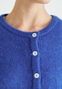 Close-up of a person’s neck and chest wearing a blue fuzzy buttoned cardigan with white buttons against a light background.