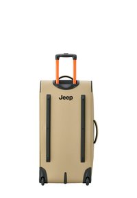 Valigia beige con dettagli neri, maniglia estensibile arancione e doppie ruote. Presenta un logo sul frontale e una maniglia laterale robusta.