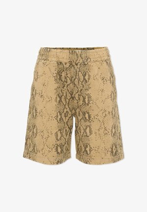 Beige shorts met een zwart-bruine slangenhuidprint en elastische tailleband, afgebeeld tegen een witte achtergrond.