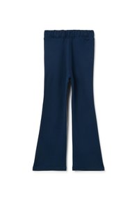 Donkerblauwe uitlopende legging gemaakt van zachte, rekbare stof met een elastische tailleband en een gladde textuur. Geen patronen of versieringen.