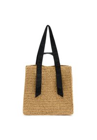 Borsa a tracolla in paglia intrecciata di colore naturale con manici in tessuto nero, con logo del marchio impresso sulle cinghie. Forma rettangolare, superficie testurizzata.