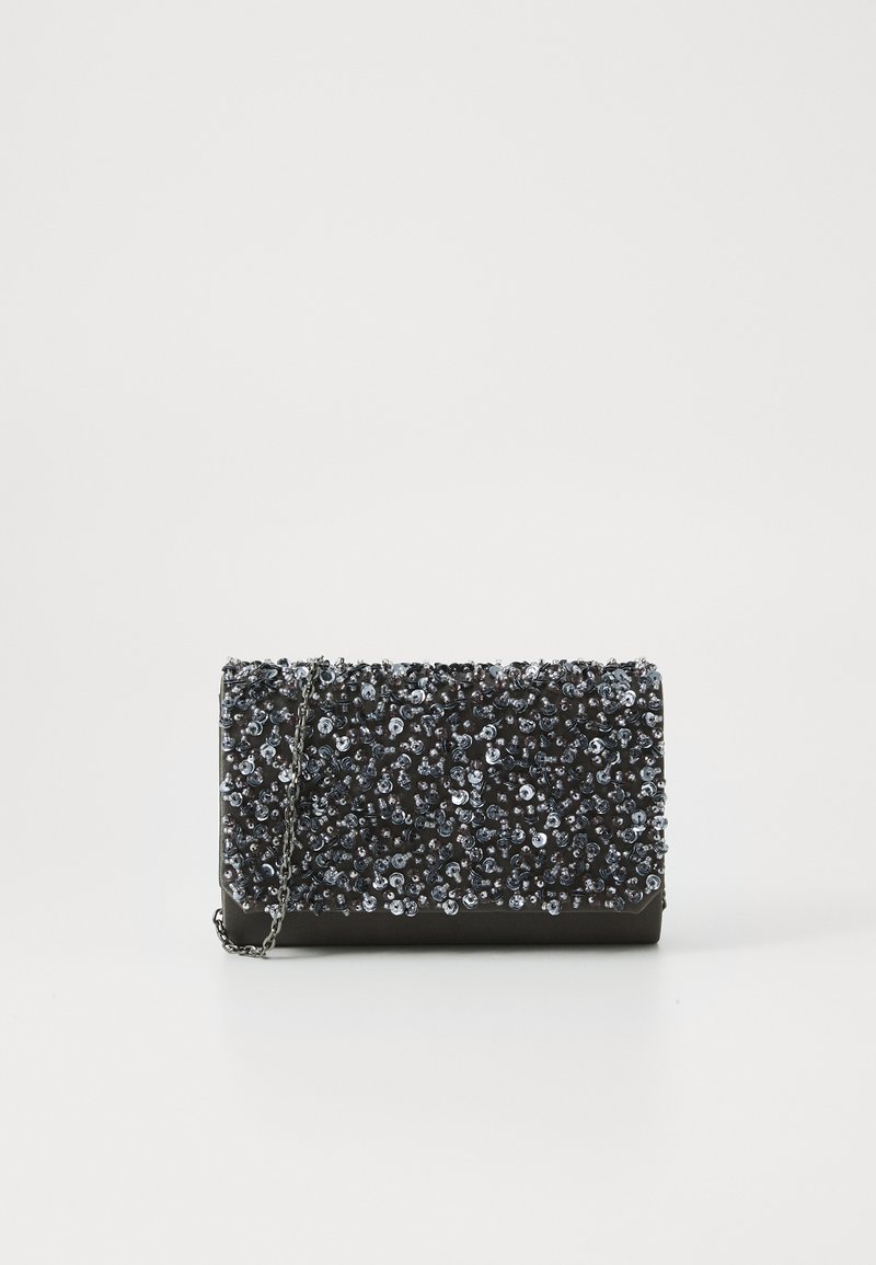 Borsa a tracolla nera con superficie testurizzata arricchita da paillettes argentate, dotata di una tracolla rimovibile. Forma rettangolare, design compatto.