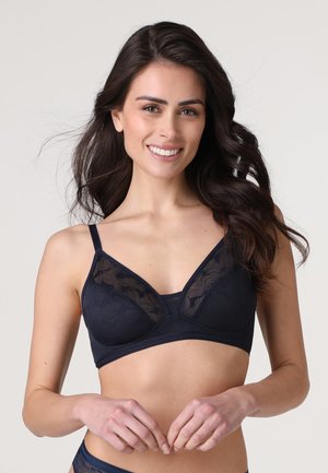 Bra navy con pannelli in pizzo floreale trasparente, design a scollo a V, tessuto morbido, spalline regolabili e finitura senza cuciture.