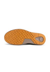 Semelle de chaussure en caoutchouc avec une texture en nid d'abeille. Principalement orange avec des accents gris, présentant des motifs de semelle circulaires et un logo en relief.