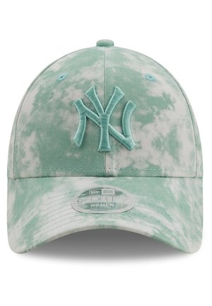 Mint green, tie-dye baseball cap with a front embroidered NY logo, curved brim, and a padded interior. Features a snapback closure.