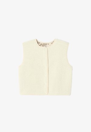 Gilet en laine ivoire avec un col rond, une fermeture à boutons, sans manches, doté d'une doublure intérieure à motif. Extérieur doux et texturé.