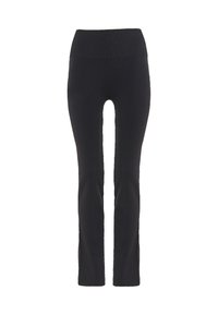 Zwarte hoogsluitende slim-fit broek met een geribbelde brede tailleband en rechte pijpen, weergegeven op een witte achtergrond.