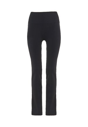 Zwarte hoogsluitende slim-fit broek met een geribbelde brede tailleband en rechte pijpen, weergegeven op een witte achtergrond.