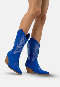Botas de vaquero azules de ante con detalles bordados, punta afilada y tacón apilado. Cuentan con un cierre de cremallera en el lado.