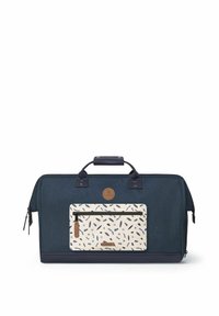 Sac de sport bleu marine avec une pochette avant crème présentant un motif floral. Comprend deux courtes poignées et un patch logo rond.
