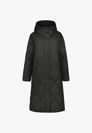 Langer schwarzer Daunenmantel mit Kapuze, mit einem Rautensteppmuster, vorderer Druckknopfverschluss und Seitentaschen. Hergestellt aus einem glatten, wasserabweisenden Stoff.
