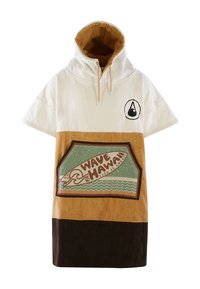 T-shirt oversize con cappuccio in bianco, marrone e beige. Presenta una tasca grafica con il design "WAVE HAWAII" e onde, realizzata in materiale di cotone e con una vestibilità comoda.
