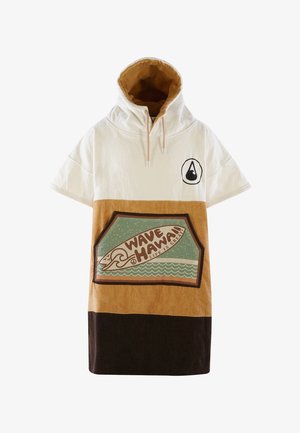 Hætteoversize t-shirt i hvid, brun og tan. Har en grafisk lomme med "WAVE HAWAII" design og bølger, lavet af bomuld, afslappet pasform.