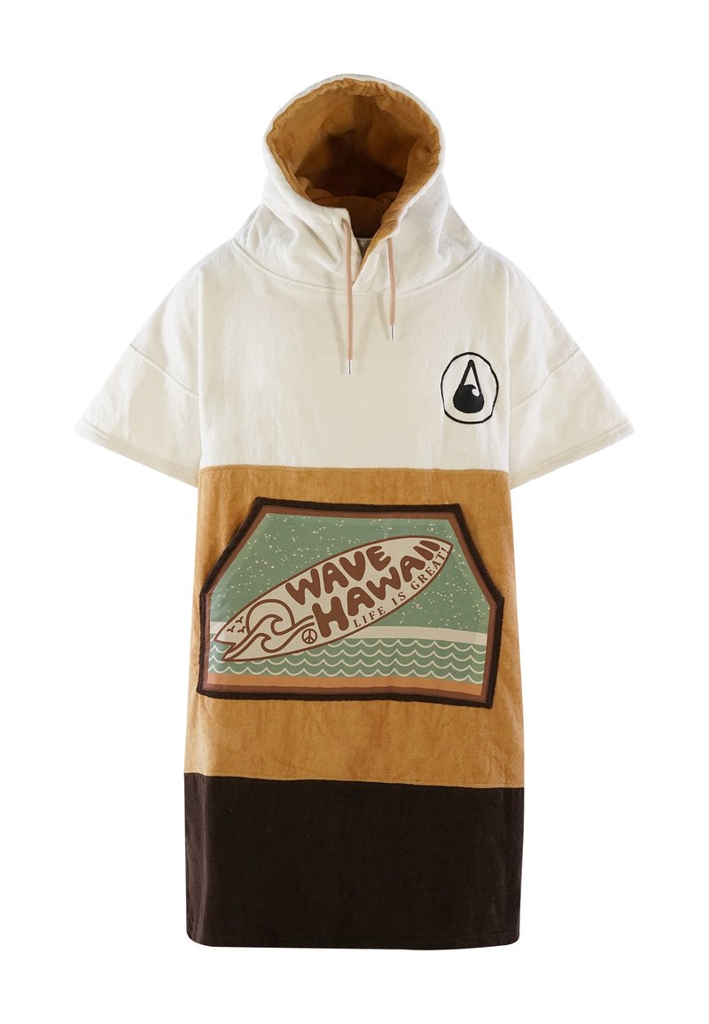 T-shirt oversize con cappuccio in bianco, marrone e beige. Presenta una tasca grafica con il design "WAVE HAWAII" e onde, realizzata in materiale di cotone e con una vestibilità comoda.