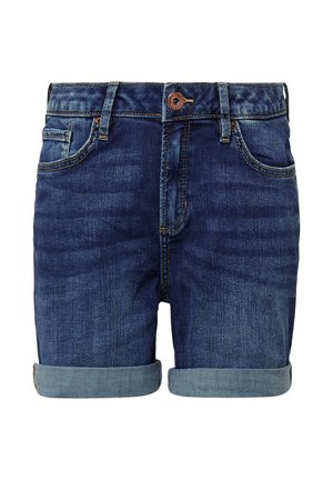 Jeansowe szorty w ciemnoniebieskim kolorze z podwiniętymi nogawkami, z kieszeniami z przodu, z zapięciem na guzik oraz widocznymi detalami przeszycia.