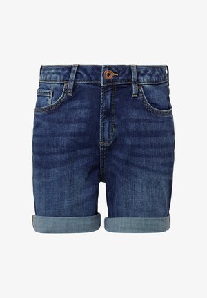Dunkelblaue Jeansshorts mit umgeschlagenen Säumen, ausgestattet mit Fronttaschen, einem Knopfverschluss und sichtbaren Nähdetails.