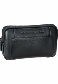 Schwarze Lederbörse mit strukturiertem Finish, ausgestattet mit einem Reißverschluss und geprägtem "Porsche Design"-Logo auf der Vorderseite. Kompakte rechteckige Form.