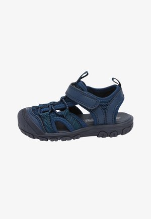 Sandali blu navy realizzati in rete e materiale sintetico. Presentano cinturini regolabili, una suola texturizzata e sezioni ritagliate per la traspirabilità.