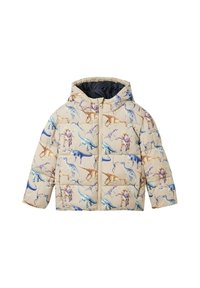 Beige gepolsterte Jacke mit Kapuze, die mit einem mehrfarbigen Dinosaurier-Druck verziert ist. Die Materialien umfassen ein gestepptes Außenmaterial und ein dunkles Innenfutter.