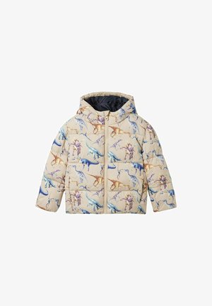 Beige gepolsterte Jacke mit Kapuze, die mit einem mehrfarbigen Dinosaurier-Druck verziert ist. Die Materialien umfassen ein gestepptes Außenmaterial und ein dunkles Innenfutter.