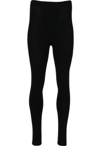 Schwarze Leggings aus einem glatten, dehnbaren Stoff mit einem elastischen Bund. Das Design ist enganliegend und verjüngt sich an den Knöcheln ohne Muster.