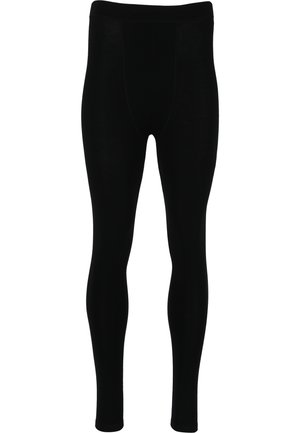 Schwarze Leggings aus einem glatten, dehnbaren Stoff mit einem elastischen Bund. Das Design ist enganliegend und verjüngt sich an den Knöcheln ohne Muster.