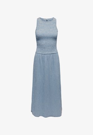 Robe midi sans manches à carreaux bleus et blancs, corsage ajusté et encolure ronde, s'évasant doucement à partir de la taille.