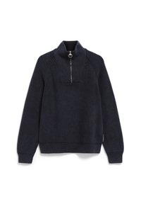 Dunkelblauer, gerippter Strickpullover mit hohem Kragen und Frontreißverschluss, der über einen runden Metall-Zieher verfügt.