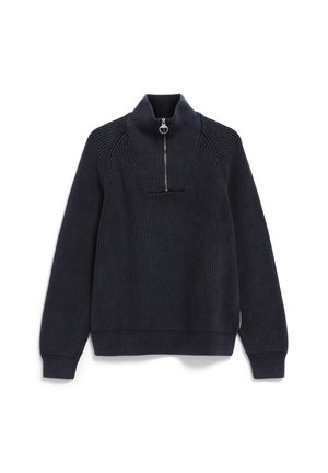 Pull-over en tricot côtelé bleu marine avec col montant et fermeture éclair à l'avant, doté d'un tirette métallique circulaire.