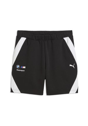 Czarne szorty z białymi panelami bocznymi, elastycznym pasem i logo BMW Motorsport oraz Puma po bokach z przodu.