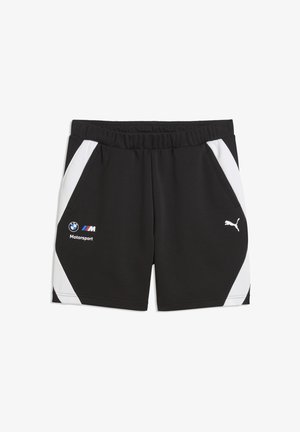 Shorts noirs avec panneaux latéraux blancs, taille élastique et logos BMW Motorsport et Puma sur les côtés avant.