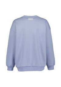 Světle modrá mikina s volným střihem, kulatým výstřihem a dlouhými rukávy. Obsahuje žebrované manžety a lem, s textovým detailem poblíž krku.