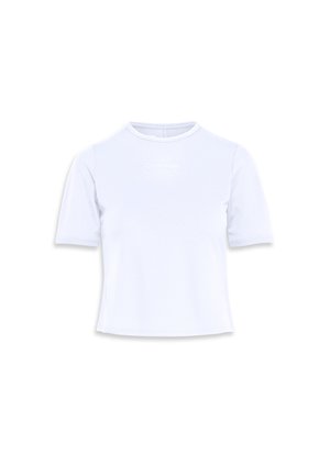 T-shirt blanc à manches courtes avec un col rond, fabriqué en tissu lisse. Présente un logo Calvin Klein discret au centre.