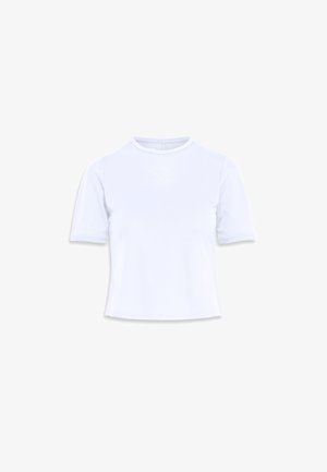 Weißes Kurzarm-T-Shirt mit Rundhalsausschnitt, aus glattem Stoff gefertigt. Mit einem dezenten Calvin Klein-Logo in der Mitte.