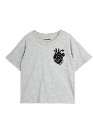Light gray short-sleeve T-shirt with black anatomical heart graphic on the left chest and "M. Rodini" text below the heart.