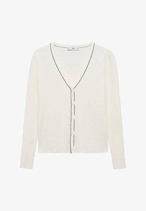 White ribbed cardigan with long sleeves, V-neckline, and black accent stitching. Features a button front closure and a textured finish.