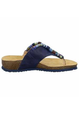 Blue leather flip-flop with colorful woven straps, cork footbed, and a textured rubber sole for traction. Lightweight and flat design.