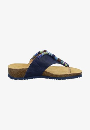 Blue leather flip-flop with colorful woven straps, cork footbed, and a textured rubber sole for traction. Lightweight and flat design.