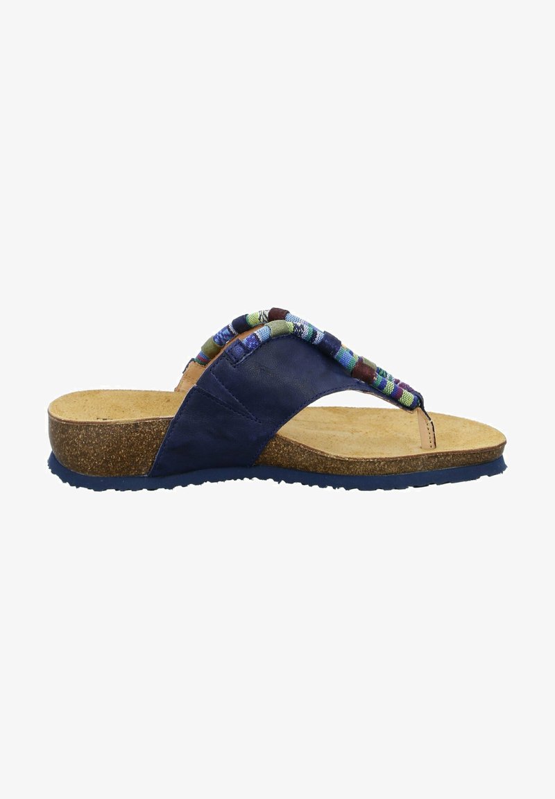 Blue leather flip-flop with colorful woven straps, cork footbed, and a textured rubber sole for traction. Lightweight and flat design.