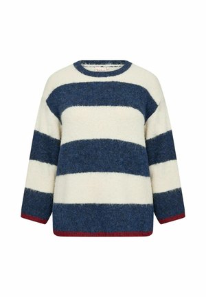 Csíkos pulóver krém, tengerészkék és burgundi színekben. Puha, texturált anyagból készült, kerek nyakkal és bő szabással rendelkezik.
