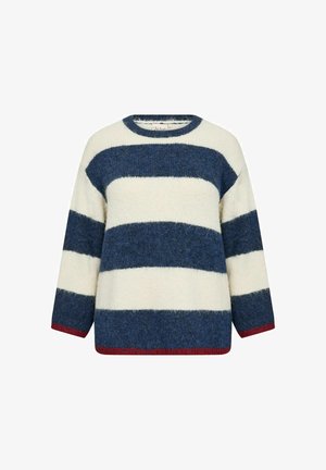 Stribet sweater i cremefarvet, marineblå og bordeauxfarvet. Fremstillet af blødt, tekstureret materiale, har rund hals og en løs pasform.