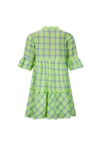 Grün kariertes Kleid mit einem geschichteten Rock, kurzen Ärmeln, einem Kragen und kontrastierenden hellblauen Linien. Texturiertes Material mit Rüschendetails.