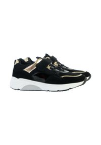 Scarpe sportive nere realizzate in materiali scamosciati e in mesh, con dettagli dorati, una fascia in Velcro e una suola bianca con design testurizzato.