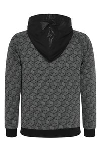 Felpa nera e grigia con un motivo geometrico esagonale, con cappuccio lucido nero e polsini e orlo a costine.