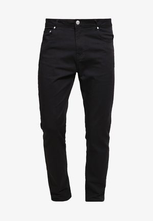 Svarta jeans i denimtyg, slim fit-design, femficksstil, metallknappstängning, med sömnadsdetaljer och en slät yta.