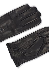 Sorte skinnhansker med en glatt tekstur, featuring en rynket ankel for tett passform og tre hevede sømmer på baksiden av fingrene.