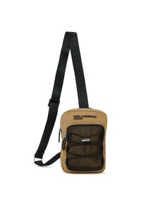 Beige Slingbag mit schwarzem Netzfront, mit Reißverschlusstaschen und verstellbarem schwarzem Tragegurt mit eingeprägtem Logo. Glattes Stoffmaterial.